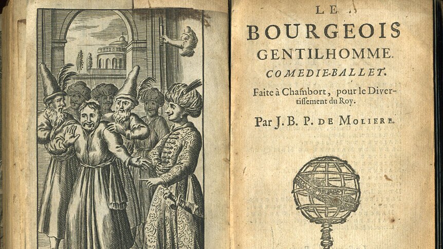 The front page of a 1688 edition of Moliere's Le Bourgeois gentilhomme, with an engraving of characters from the play.