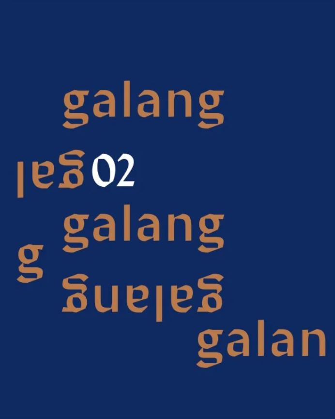 A book cover featuring a navy background with the word galang printed four times and 02 printed in white