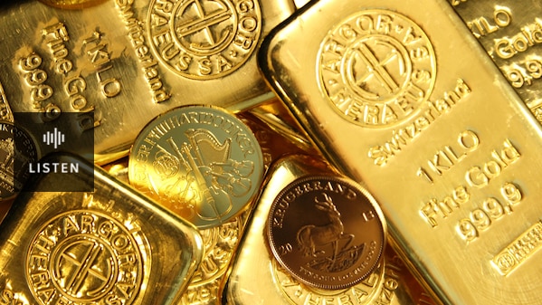 a pile of gold bullion and coins. Has Audio.