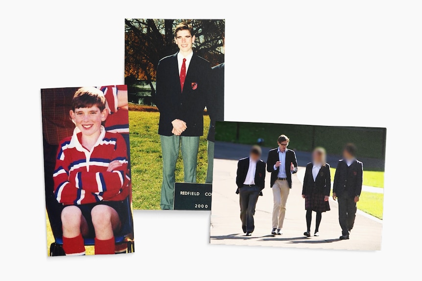 Two photos showing a young boy and teenager in school uniform. A third showing a man walking with high school students.