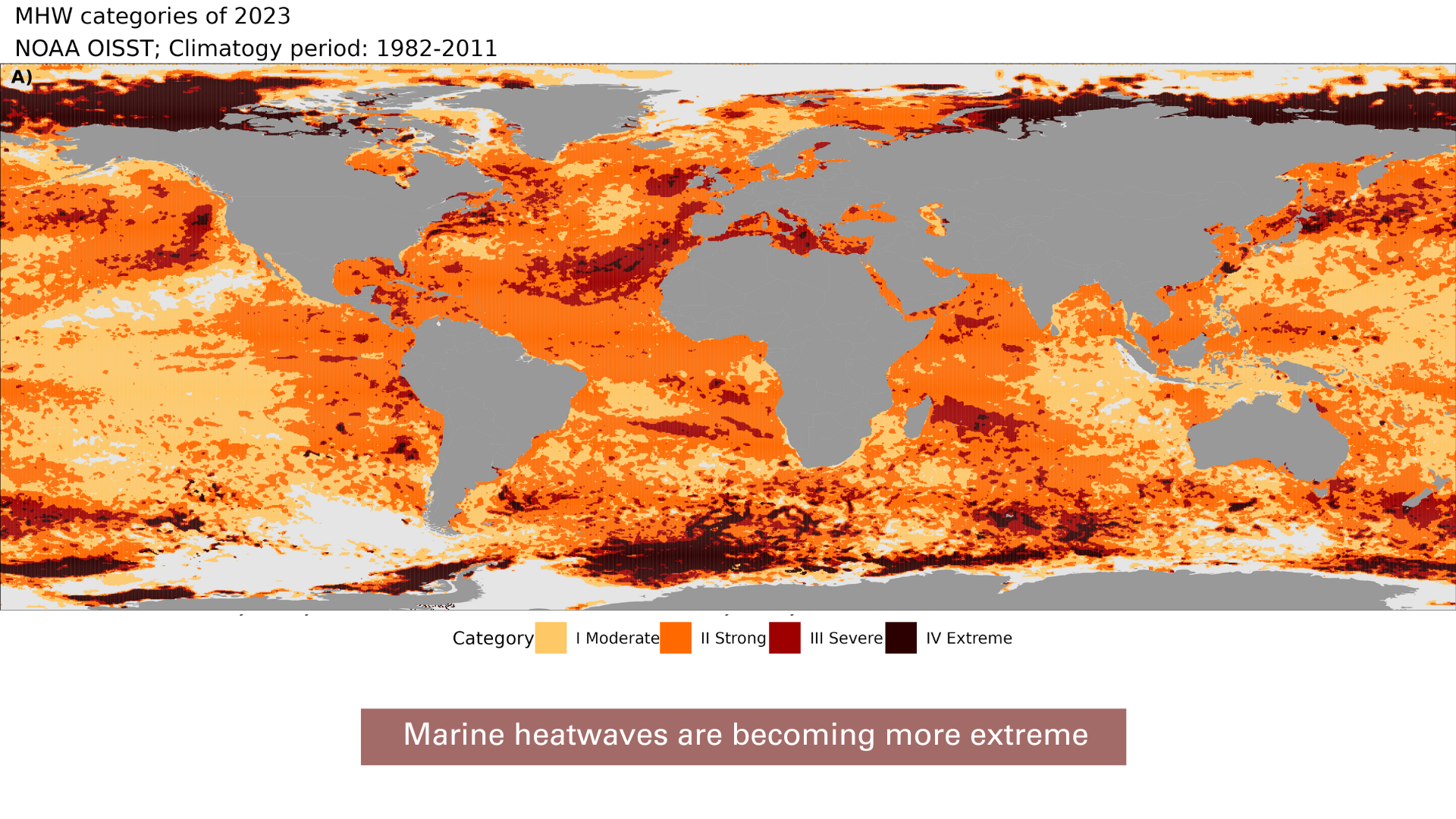 A colour coded map of the world's oceans, showing vast swathes of ocean experienced marine heatwaves in 2023. 