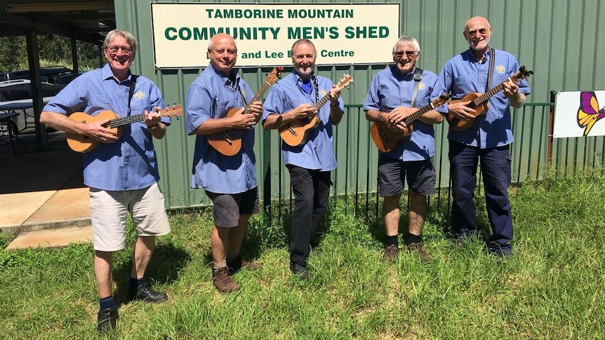 Five older men in blue shirts stand in a line each holding a ukelele  as though playing it. 