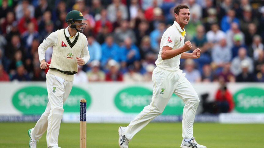 Josh Hazlewood of Australia celebrates after taking the wicket of Adam Lyth