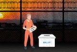 An animated depiction of a prisoner in an orange jumpsuit casting their vote in a ballot box behind barbed wire fence.