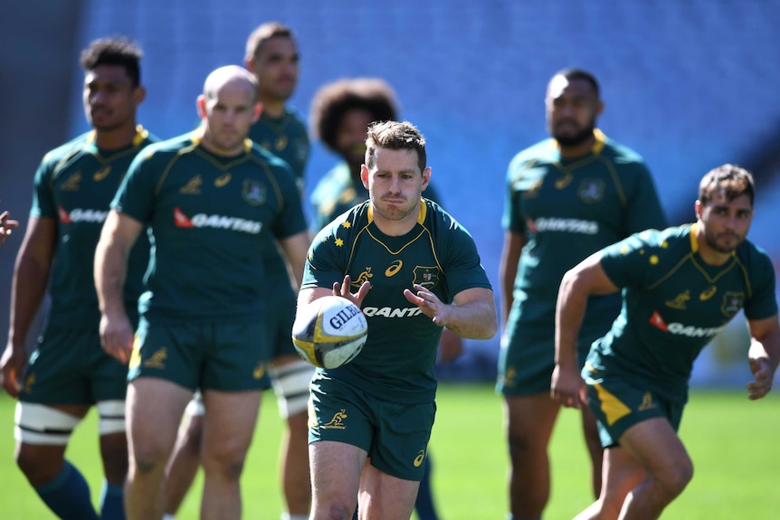 Bernard Foley catches a ball in training for the Wallabies ahead of the Bledisloe Cup