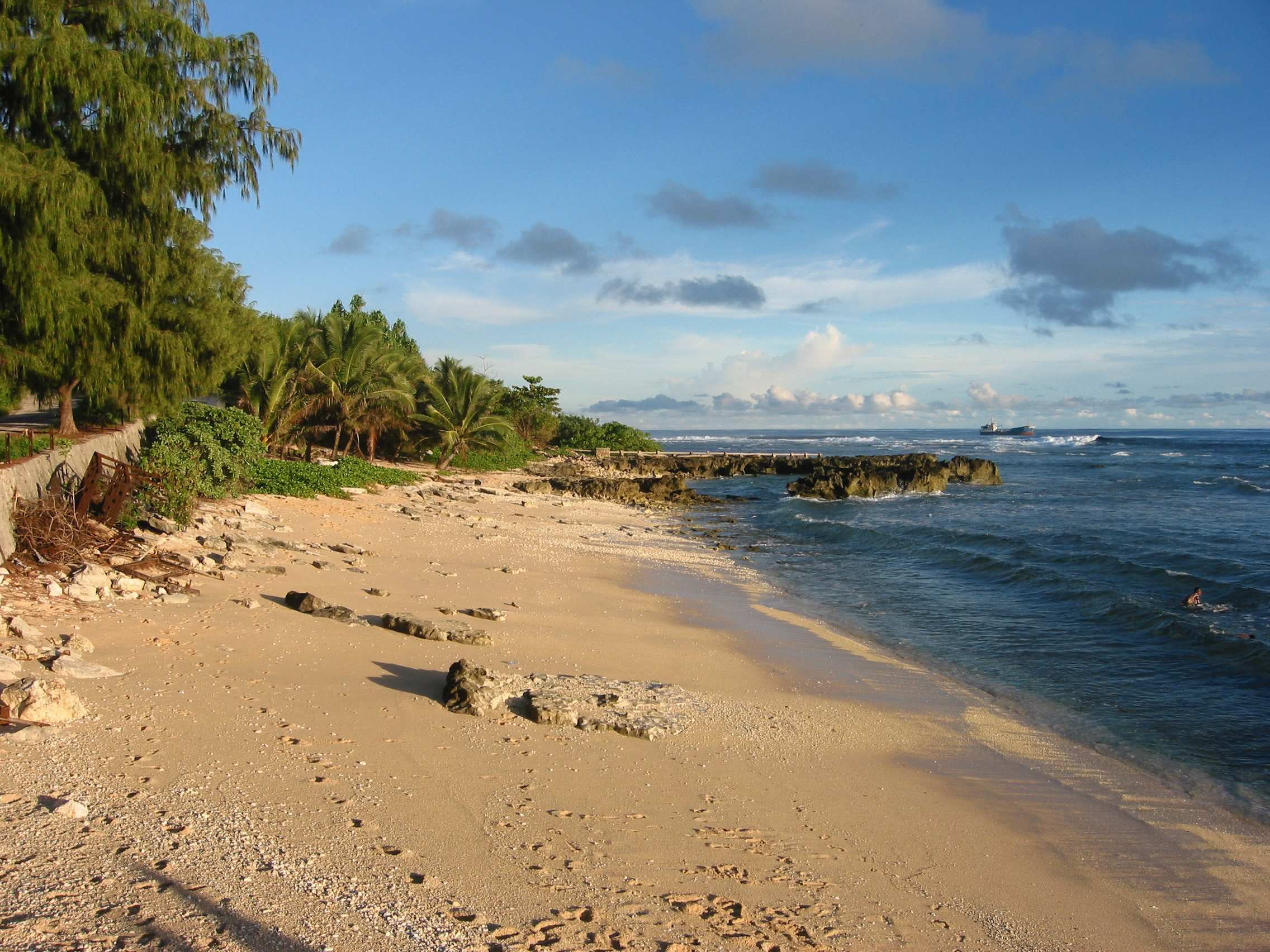 Archival image, wide-shot, of trees, beach and water on Banaba island, Kiribati.