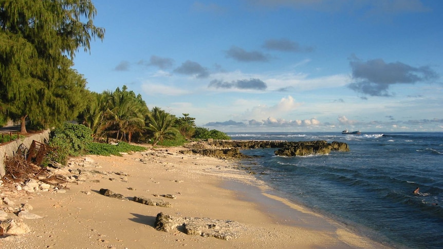 Archival image, wide-shot, of trees, beach and water on Banaba island, Kiribati.