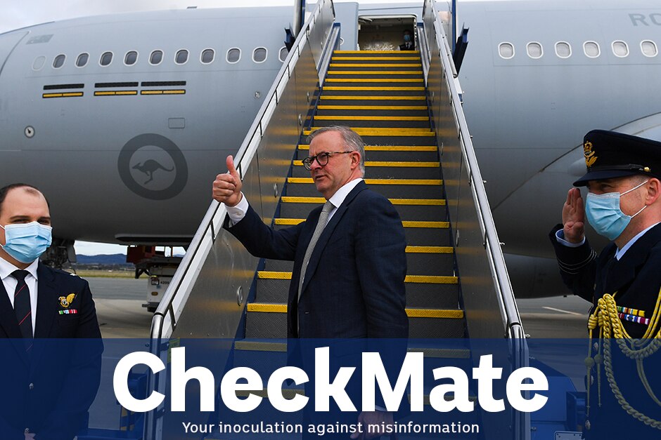 anthony albanese wears a suit and stands in front of a staircase leading to an aeroplane. Title below says CHECKMATE