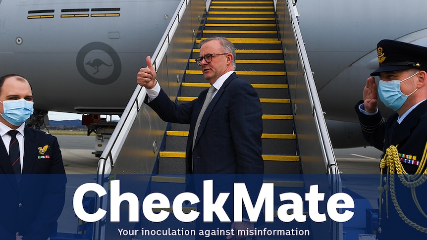 anthony albanese wears a suit and stands in front of a staircase leading to an aeroplane. Title below says CHECKMATE