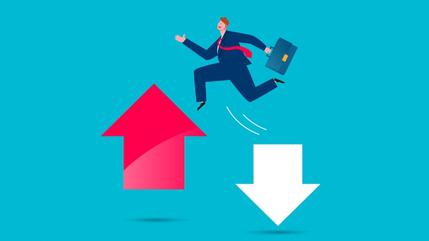 A vector illustration of a businessman jumping from a white down arrow to a red up arrow