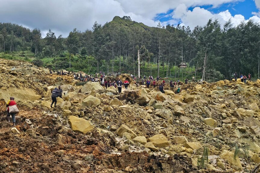 Dozens of people standing among rubble and mud on a mountain region against a forest backdrop