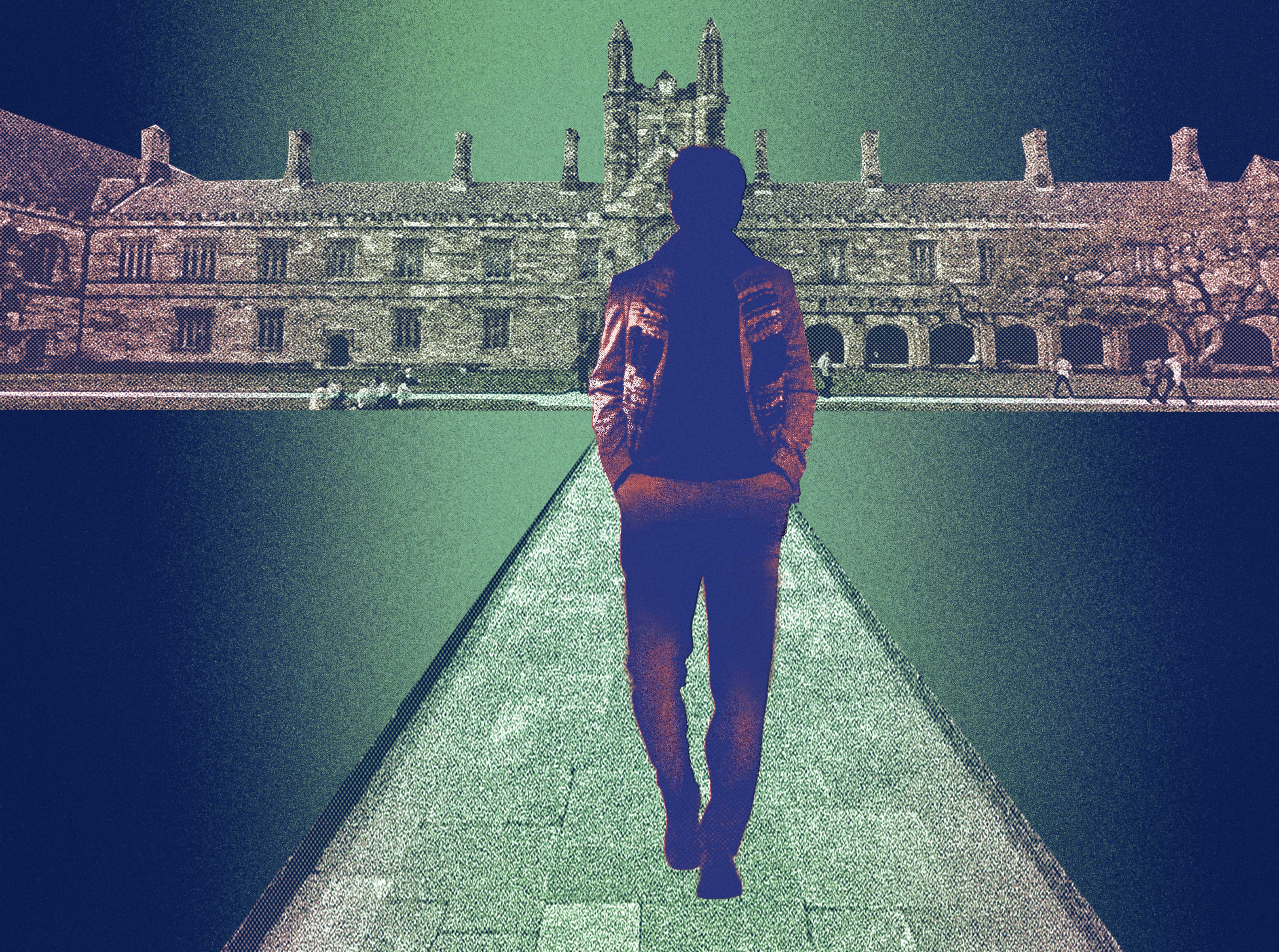 An illustration of a lone person on a university campus.