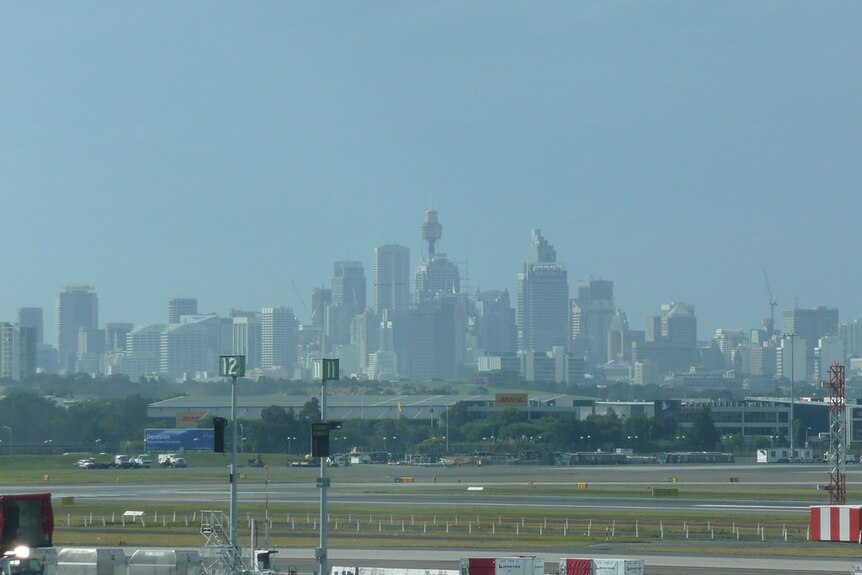 A view of the Sydney skyline from Kingsford Smith Airport