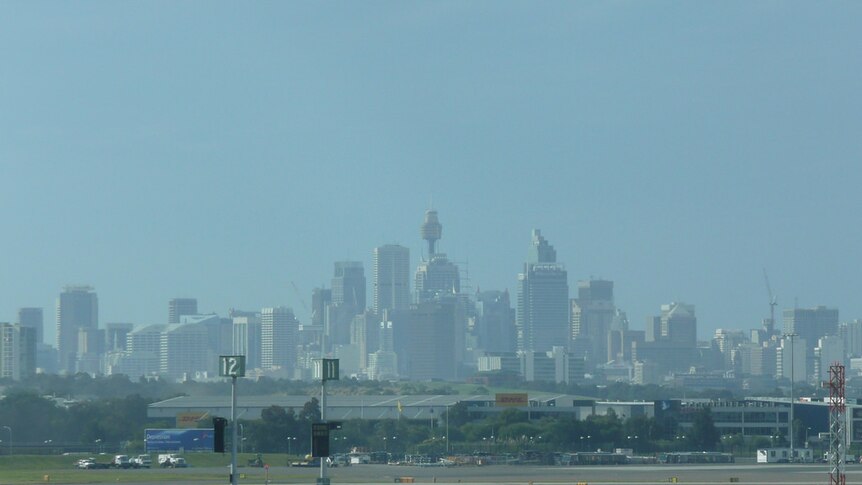 A view of the Sydney skyline from Kingsford Smith Airport