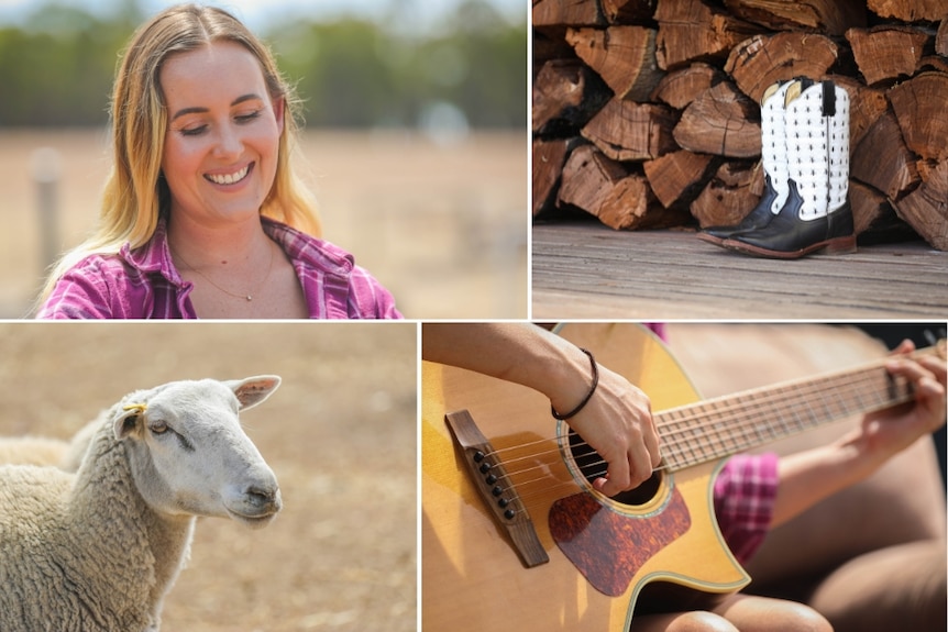 A collage including a photo of a young blonde woman smiling, a close-up of a sheep, cowboy boots and a guitar being played.