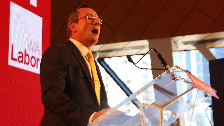 Mark McGowan speaking at a lectern in front of a WA Labor backdrop.