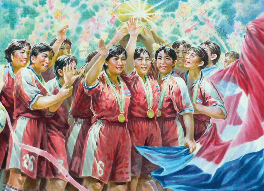 An illustration of women soccer players wearing red, white and blue holding a trophy