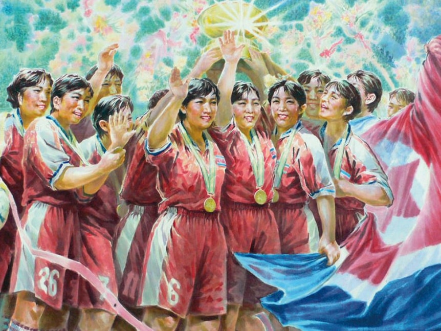 An illustration of women soccer players wearing red, white and blue holding a trophy