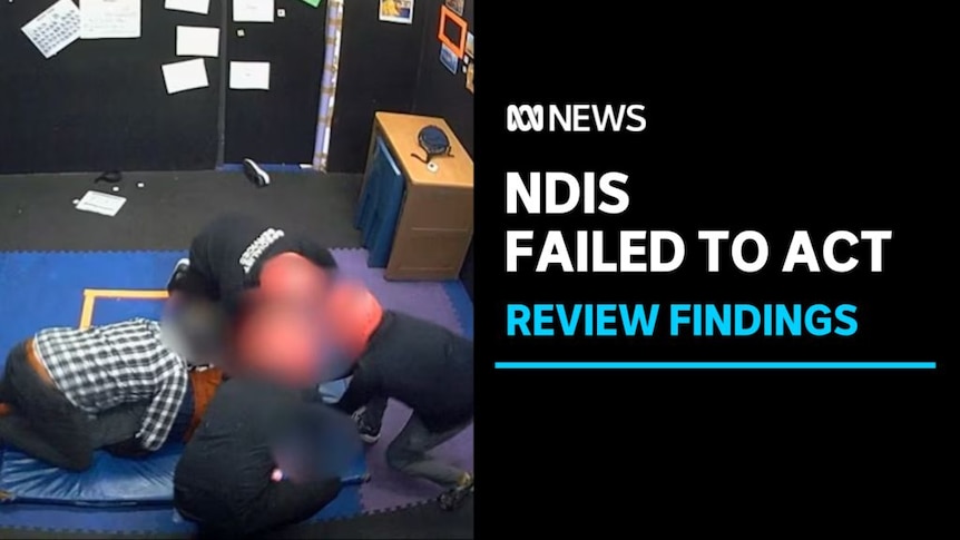 NDIS Failed to Act, Review Findings: Four people in a classroom on a gym mat crouch together. Their faces are blurred.