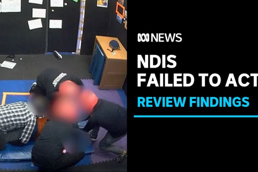 NDIS Failed to Act, Review Findings: Four people in a classroom on a gym mat crouch together. Their faces are blurred.