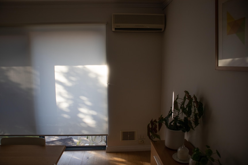 Window with closed blind and air-conditioner