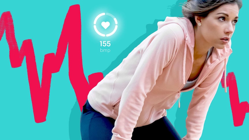 Young woman recovering from a workout. Heart rate graph and heart icon with 155 bmp in the background.