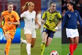 Four female soccer players wearing orange, white, yellow, and blue