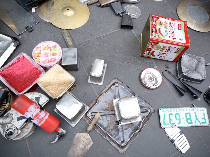 A fire extinguisher and a number plate are just a few of the odd items that can be found in Paul Guseli's eclectic drum kit.