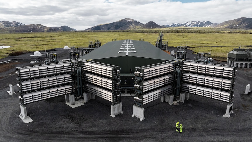 Aerial shot of Mammoth project, with banks of fans in foreground and volcanic hills of Iceland in the background