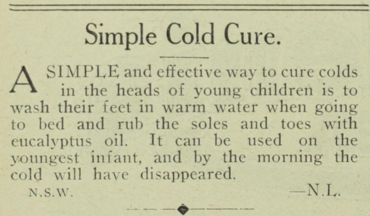 An old newspaper clipping advises people put eucalyptus oil on their feet to ward off a cold. 