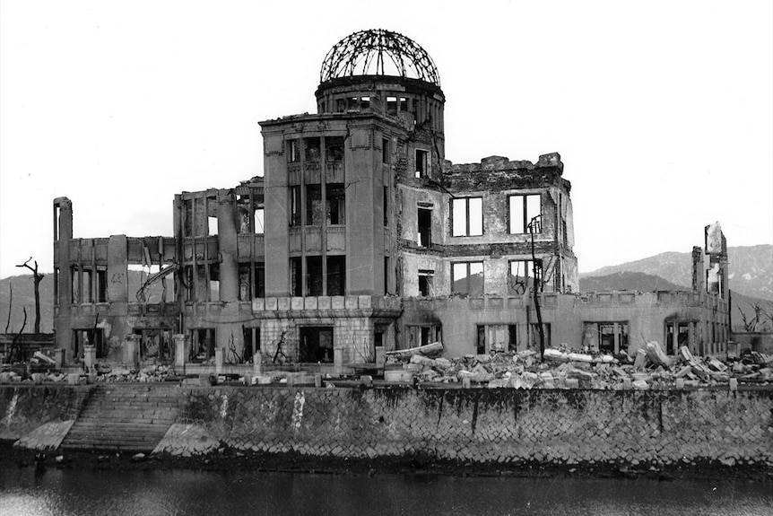 A building that became known as the Hiroshima Peace Memorial, as it was after the atomic bomb was dropped on the Japanese city.