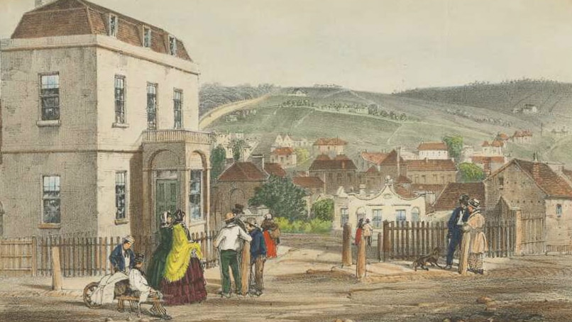 A lithograph shows houses and buildings in colonial Hobart, 1856.