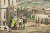 A lithograph shows houses and buildings in colonial Hobart, 1856.
