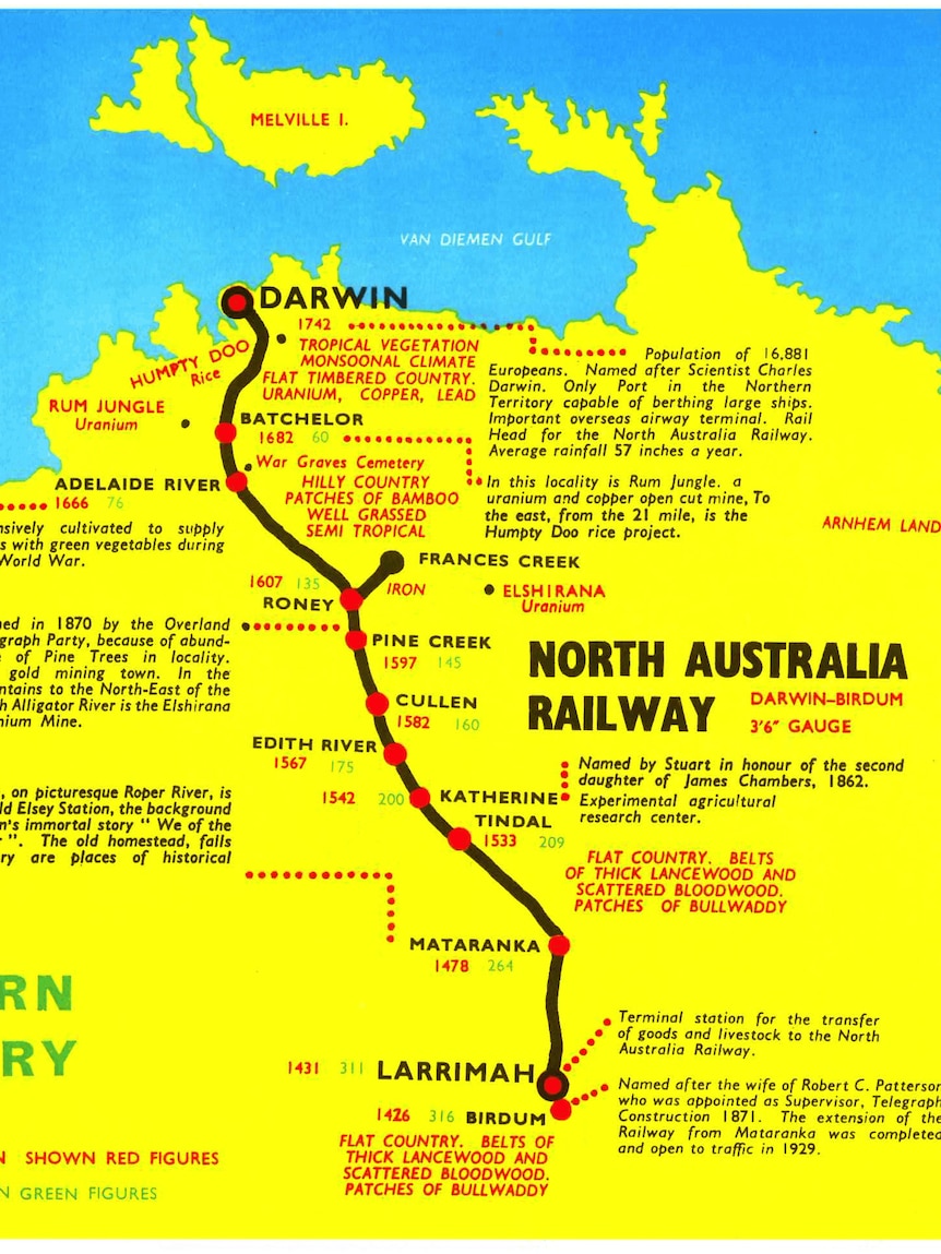 Yellow map of Top End showing railway.