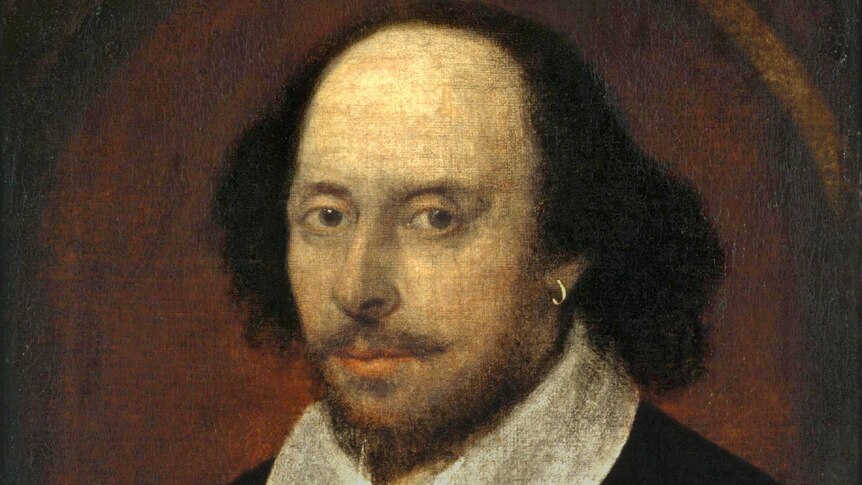 A painted portrait of William Shakespeare, wearing black robes and a white collar.