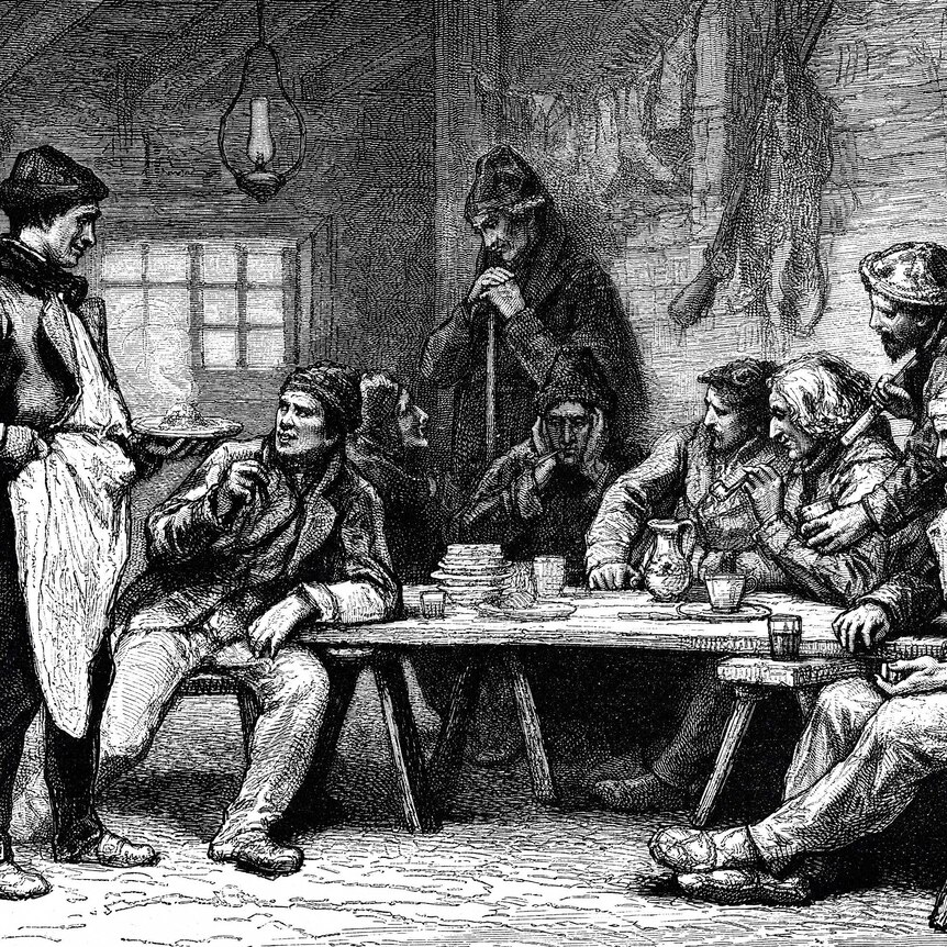 Men sitting at a table. A 19th century illustration.