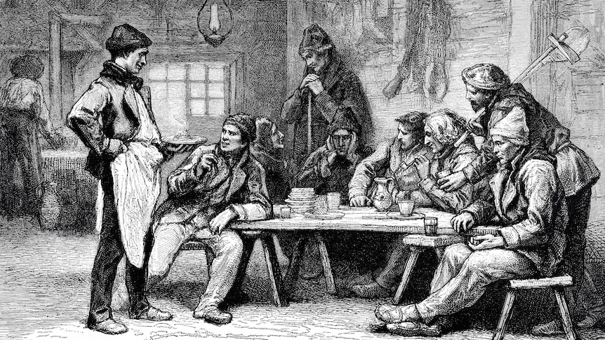 Men sitting at a table. A 19th century illustration.