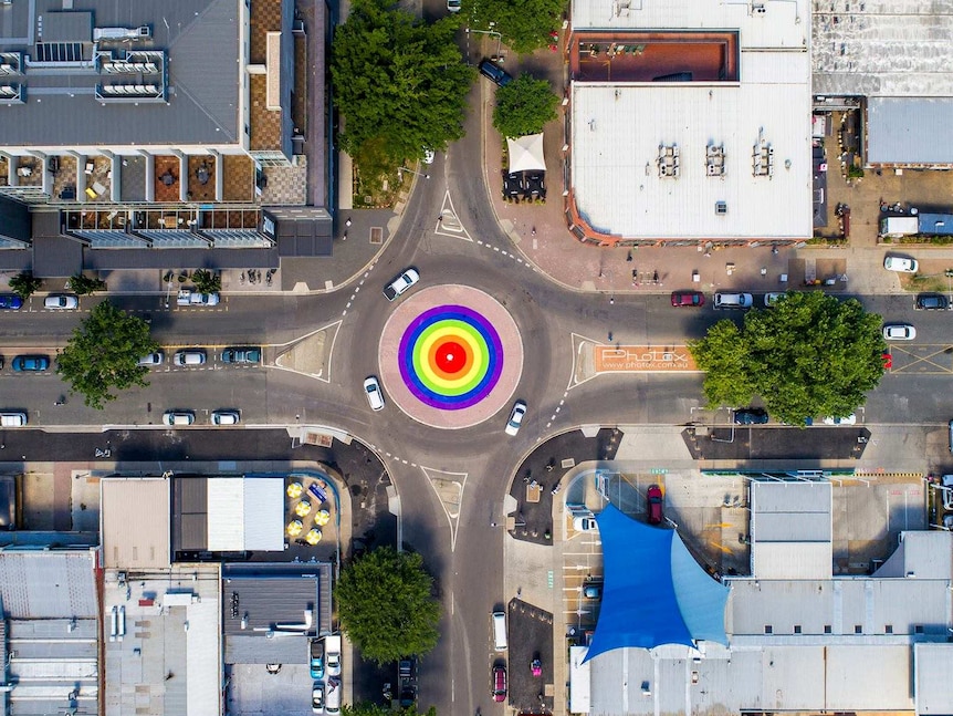 An aerial view of a rainbow roundabout