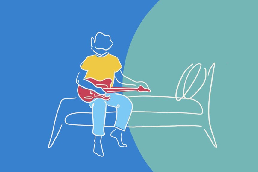 An illustration of a boy sitting on his bed playing guitar.