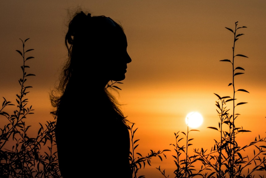 A woman 's silhouette in profile, as sunset, with the shadows of trees in the background.