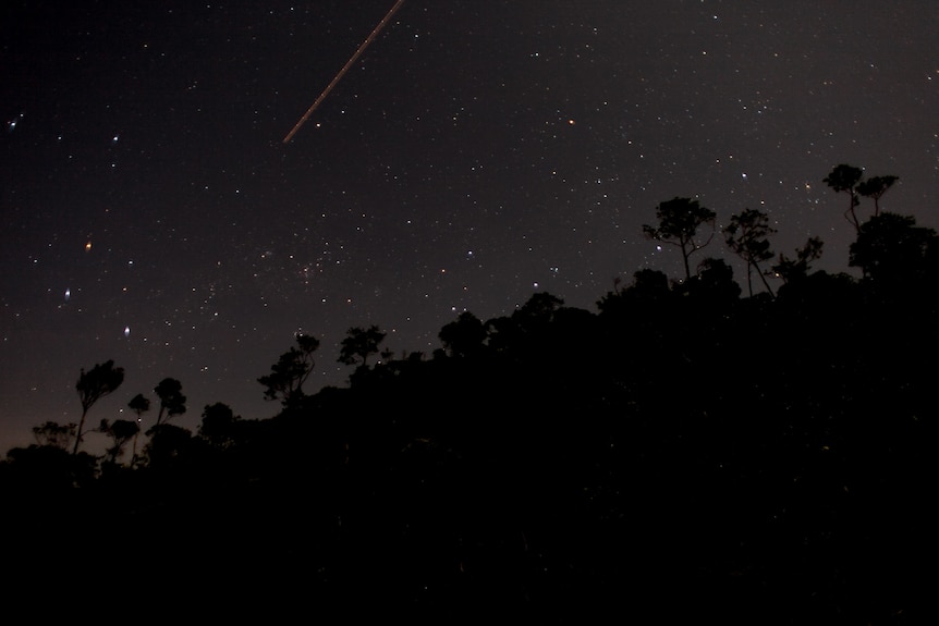 meteor in dark sky above southern cross