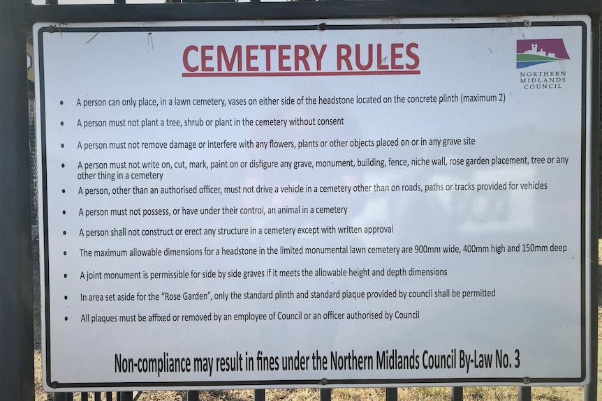 Signage at cemetery of 'rules' for use.