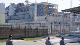 Workers arriving for work at reactor number four in Chernobyl.