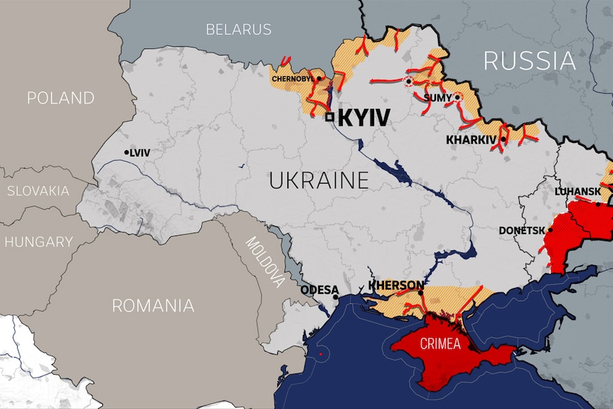 A map showing regions of Ukraine in which fighting has occurred.