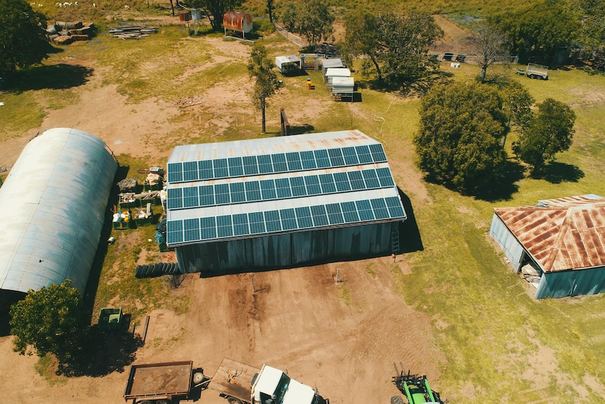 Aerial photo of solar panels on a shed