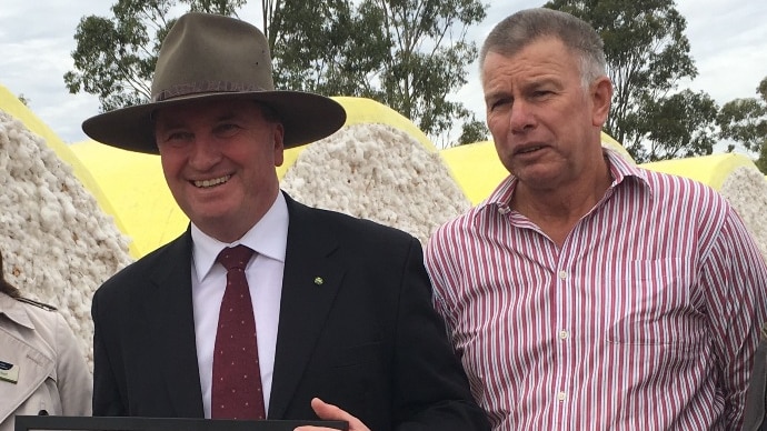 Nationals Party leader Barnaby Joyce and Queensland Farmers Federation President Stuart Armitage near Dalby in the Queensland electorate of Maranoa