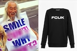 A man wearing a sign next to a picture of a jumper with the words FCUK.