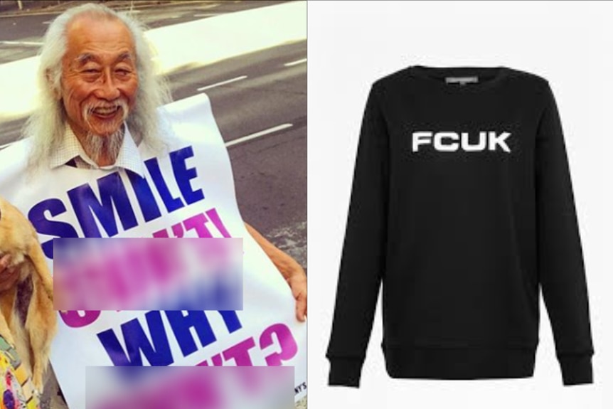 A man wearing a sign next to a picture of a jumper with the words FCUK.