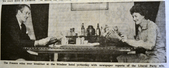 Malcolm Fraser and Tamie Fraser reading newspapers at breakfast.