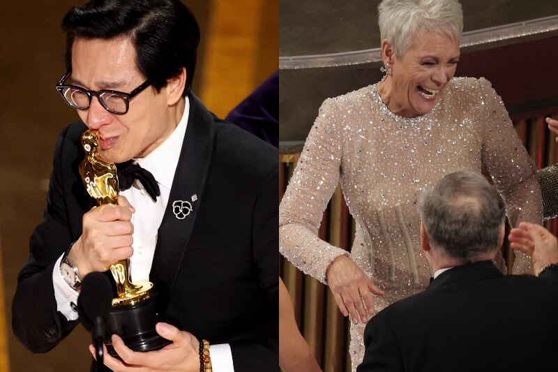 A composite image shows Ke Huy Quan crying and kissing an award and Jamie Lee Curtis smiling.